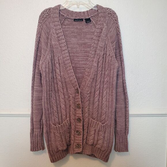 Moda International Chunky Cable Knit Cardigan Deep V Neck Button Front Sz M - Picture 1 of 11